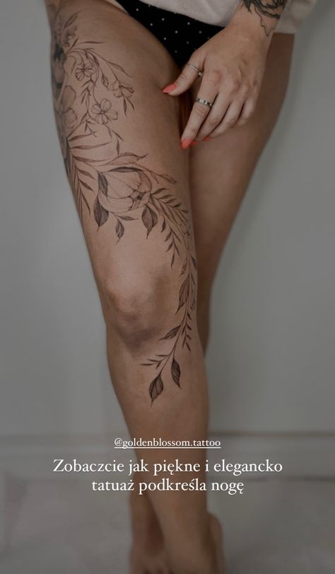 Full Leg Flower Tattoos Women, Under Leg Tattoo Woman, Fine Line Full Leg Tattoo, Floral Thigh Wrap Tattoo, Leg Tattoos Women Floral, Wrapped Leg Tattoo, Women’s Leg Tattoo Floral, Nature Thigh Tattoo Women, Nature Tattoos Thigh