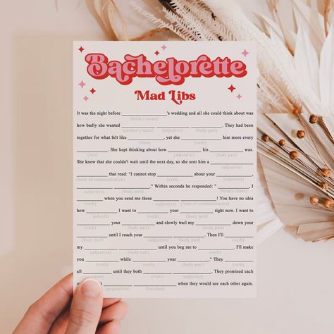 Dirty Mad Libs Bachelorette Party Game | Retro Theme Design Fun Things To Do At Bachelorette Party, Bunk Assignments Bachelorette, Hens Party Games Activities, Classic Party Games, Bachelorette Party Ideas For Older Bride, Bachelorette Game Night, Chill Bachelorette Party Ideas, Bachelorette Game Ideas, Funny Bachelorette Themes