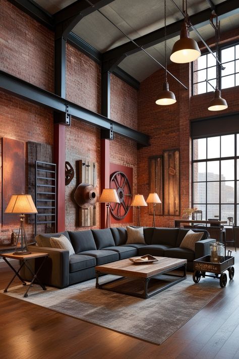 13 Stunning Industrial Living Room Ideas to Transform Your Space! – HomelyTip Brick Interior Wall Living Room, Industrial Log Cabin, Modern Industrial Interior Design, Industrial Modern Office, Industrial Living Room Ideas, Industrial Style House, Industrial Apartment Decor, Industrial Lounge, Rv Design