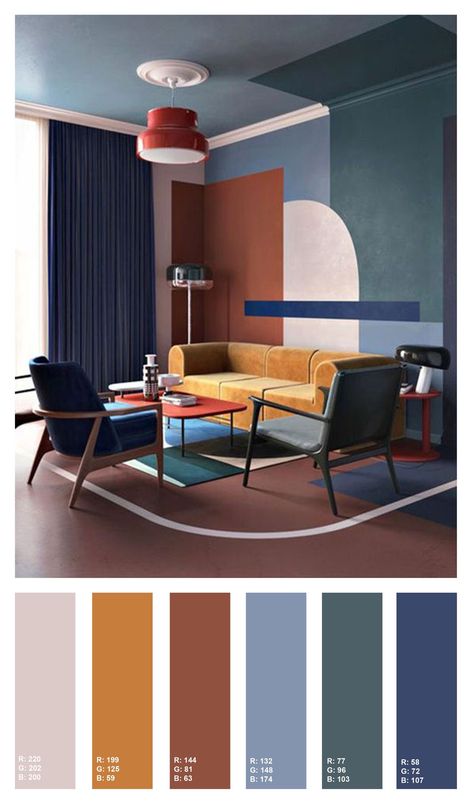 Living Room Colors For Small Space, Unique Living Room Colors, Bauhaus Style Living Room, 70s Style Interior Design, 70s Inspired Interior, Interior Design Bauhaus, 70s Design Interior, Bauhaus Living Room Design, 70s Style Home Interior Design