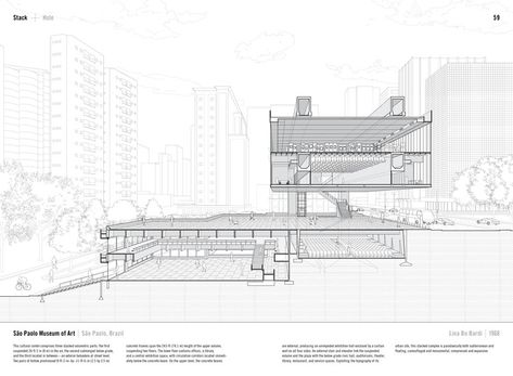 São Paulo Museum of Art by Lina Bo Bardi (1968). Published in Manual of Section by Paul Lewis, Marc Tsurumaki, and David J. Lewis published by Princeton Architectural Press (2016). Image © LTL Architects Section Architecture, Ltl Architects, Section Drawing Architecture, Sectional Perspective, Section Drawing, Architectural Art, Architectural Section, David J, Diagram Architecture