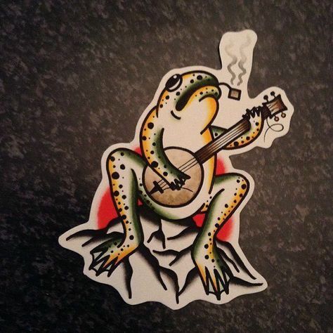 Frog Playing Banjo Tattoo, Frog With Banjo, Banjo Tattoo, Banjo Frog, Frog Playing Banjo, Old School Tattoo Sleeve, Dark Mark Tattoos, American Traditional Tattoo Ideas, Traditional Tattoo Ideas