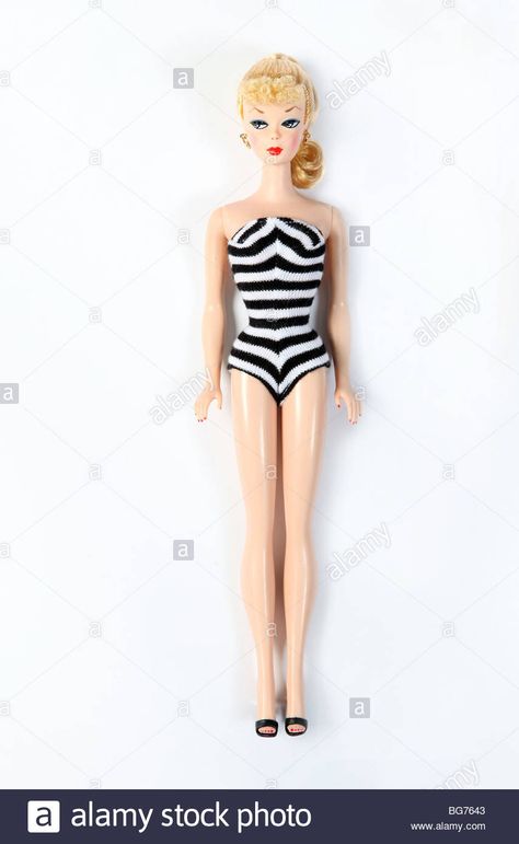 Iconic blonde Barbie doll, 50 years anniversary edition with 1950s black and white swimming costume Barbie Black And White Swimsuit, Jessica Brilli, 1950s Black And White, Barbie Tattoo, Barbie 1960, Blonde Barbie, Black And White Swimsuit, Cozy Cabins, 50 Years Anniversary