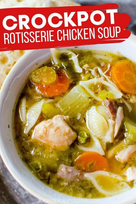 The Best way to use up leftover Rotisserie chicken - to make a crockpot chicken soup! You can also use plain chicken and homemade rotisserie seasoning (recipe included in the post) Cooked Chicken Leftovers, Crockpot Rotisserie Chicken, Rotisserie Chicken Seasoning, Rotisserie Chicken Recipes Leftover, Rotisserie Chicken Soup, Chicken Soup Crockpot, Recipes Using Rotisserie Chicken, Chicken Noodle Soup Crock Pot, Crockpot Soup