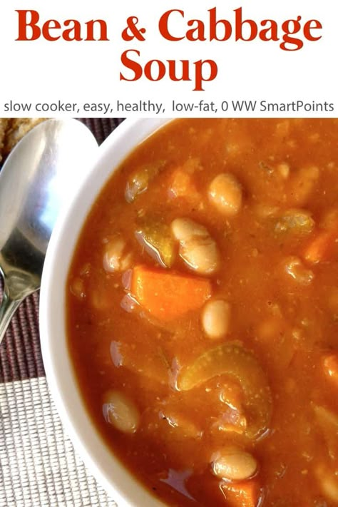 This slow cooker bean and cabbage soup is easy, healthy and satisfying with just 198 calories, 0 WW Freestyle SmartPoints and works with Weight Watchers Simply Filling! #slowcookerbeancabbagesoup #soup Zero Point Bean Soup, Cabbage And Bean Soup Recipe, Cabbage Soup With Beans, Ww Cabbage Soup Recipe, Cabbage And Bean Soup, Bean And Cabbage Soup, Cabbage Soup Slow Cooker, Cabbage Soup Crockpot, Ww Soup