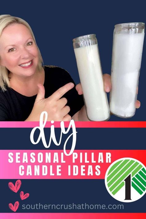 Easy Dollar Tree Pillar Candles DIY: Seasonal Decor on a Budget https://www.southerncrushathome.com/easy-dollar-tree-pillar-candles-diy-seasonal-decor-on-a-budget/ Candle Pillars Decor, Dollar Tree Diy Candle, Diy Candle Pillars, Pillar Candles Diy, Dyi Candle, Dollar Tree Candles, Diy Seasonal Decor, Thrifty Crafts, Pillar Candle Decor