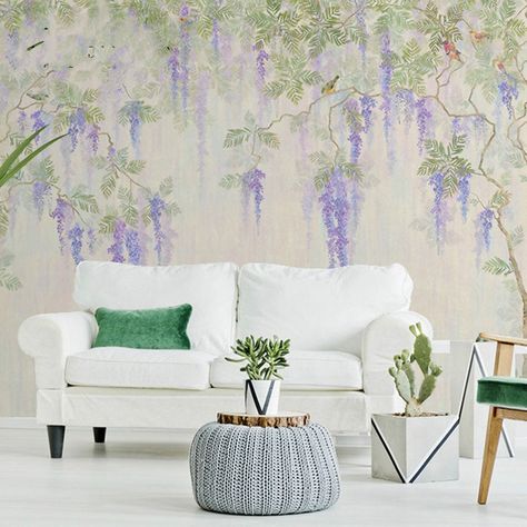 Oil Painting Abstract Cane Vine Wall Mural Wallpaper Hand | Etsy Hallway Mural, Wisteria Wall, Light Purple Wallpaper, Purple Wisteria, Mural Ideas, Wall Murals Painted, Vine Wall, Open Wall, Wall Mural Wallpaper