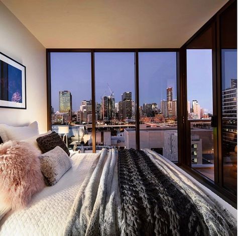 New York City Apartment Bedroom, Brisbane Apartment Aesthetic, City Bed, Brisbane Apartment, Nyc Condo, Dinner With A View, City Bedroom, City Penthouse, Waterfront Apartments