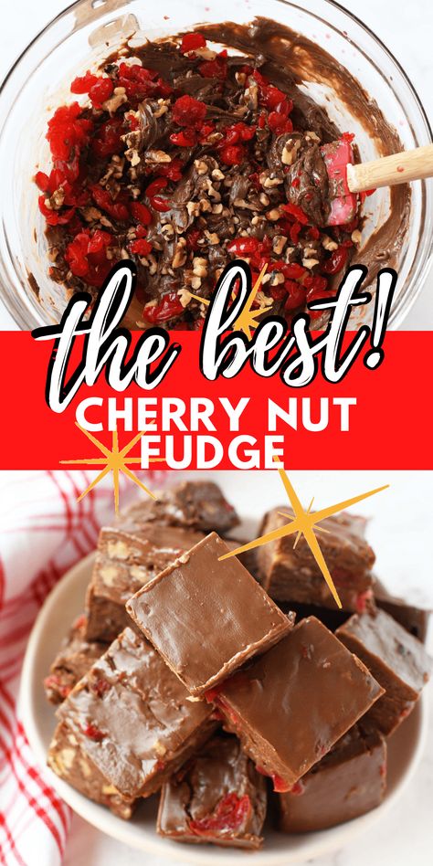 If you love the flavor of chocolate cherry cordials, you'll love this scrumptious chocolate cherry fudge with nuts. It is really easy to make and you only need the microwave! Once firm, it cuts nicely into little giftable cubes that taste almost identical to some of my favorite holiday chocolate cherries. via @savvysavingcoup Dark Chocolate Cherry Fudge, Cherry Chocolate Fudge Recipes, Chocolate Cherry Cordial Fudge, Chocolate Cherry Fudge Easy, Chocolate Covered Cherry Fudge, Fudge With Nuts Recipes, Recipes With Candied Cherries, Cherry Candy Recipe, Cherry Cordial Recipe