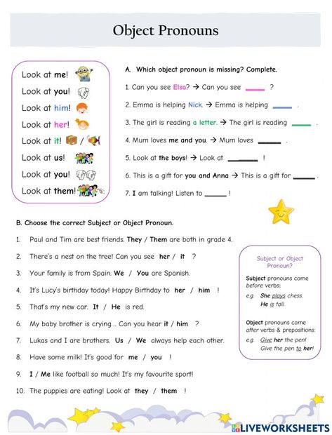 Subject and object pronouns online worksheet for beginner. You can do the exercises online or download the worksheet as pdf. Pronouns Worksheet For Grade 5, Object And Subject Pronouns, Subject And Object Pronouns Activities, Subjective Pronouns Worksheet, Subject And Object Worksheet, Subject Pronouns Worksheet Grade 1, Object Pronouns Worksheets For Kids, Objective Pronouns Worksheet, Pronouns Worksheet For Class 2