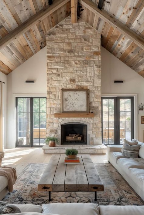 40 Farmhouse Fireplace Ideas for a Charming Home Hearth Farm Fireplace Ideas, Country House Fireplace Ideas, Fireplace Stone Ideas Farmhouse, Farmhouse Fireplaces And Mantels, Fireplaces Between Windows, Fireplace Ideas Country Style, Gas Fireplace Between Two Windows, Stone Fireplace With Shiplap On Sides, Exposed Rock Interior