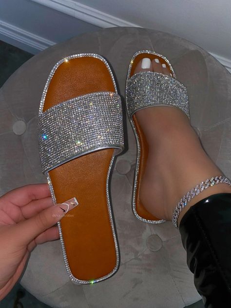 Ladies Slides, Pretty Sandals, Shoes Silver, Rhinestone Flats, Slide Slippers, Rhinestone Sandals, Silver Sandals, Girly Shoes, Slides Sandals