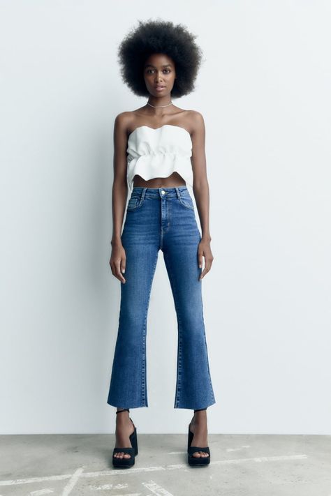 Z1975 HIGH RISE MINI FLARE JEANS - Mid-blue | ZARA United States Mini Flare Jeans, Zara Mini, Jean Flare, Cropped Flare Jeans, Cropped Flares, Fitted Caps, Relaxed Fit Jeans, Pocket Jeans, Bandeau Top