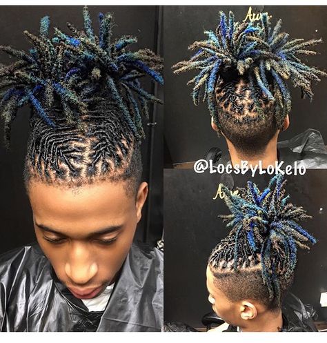 Braided/spiked high top locs Braid Locs Men, Loc Styles Ponytail, Boy Loc Styles, French Braid Locs, Men Dread Styles, High Top Dreads, Braid Locs, Locs Men, Mens Dreadlock Styles