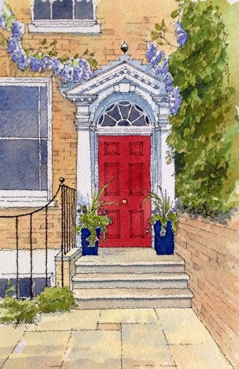 Watercolors Drawings, John Edwards, Paint Drawing, Urban Sketch, Watercolour Inspiration, Drawing Sketching, Architecture Painting, Pen And Watercolor, Red Door