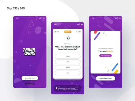 Live Trivia Game App Concept | Day 333/365 - Project365 by Kishore | Dribbble | Dribbble Trivia App Design, Quiz Mobile App Design, Trivia Design, Game App Design, Football Trivia, App Wireframe, Trivia App, App Design Layout, Quiz Design