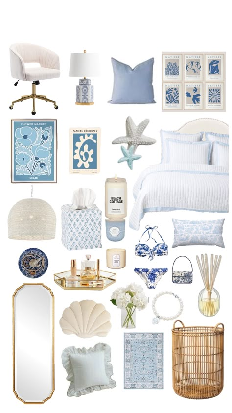 Blue Flower Room Aesthetic, Mama Mia Inspired Bedroom, Trinkets For Room, Blue Love Shack Fancy Room, Ocean Room Ideas Bedrooms, Coastal Chic Bedroom Inspiration, Coastal Granddaughter Dorm Room, Blue Beach Room, Coastal Grandmother Room