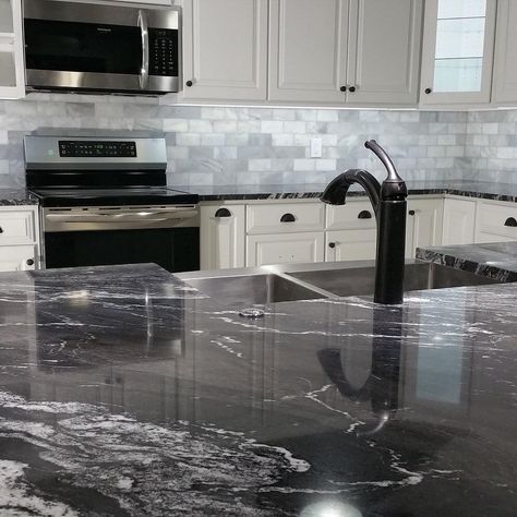 Silver Waves Granite with white cabinets. Silver Waves Granite Counter Tops, Black And White Granite Countertops, Granite With White Cabinets, Titanium Granite, Farmhouse Kitchen Countertops, Black Kitchen Countertops, White Kitchen Traditional, Goth Kitchen, House Renos