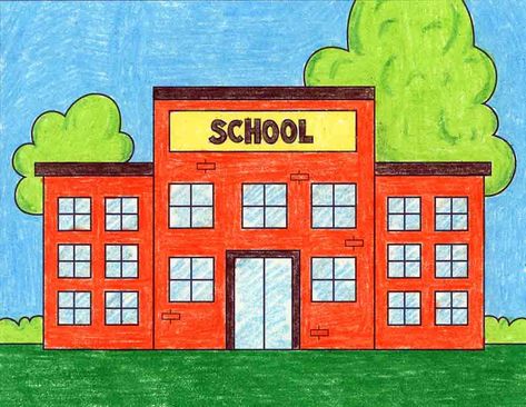 Easy How to Draw a School Tutorial · Step by Step Drawing Lesson for Kids Drawing School Ideas, Class 2 Drawing Ideas, Drawing In Easy, Drawing Ideas With Color Easy, Easy Drawings For School, How To Draw School, Drawing Of School, Drawing Ideas School, For Kids Drawing