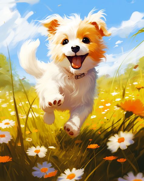 Cute little dog/puppy running in a field of white and orange flowers Cute Puppy Illustration, Cartoon Animal Drawings, Dog Running Drawing, Dog Concept Art, Dog And Flowers Drawing, Dog Art Drawing, Puppy Digital Art, Running In A Field, Field Of Flowers Digital Art