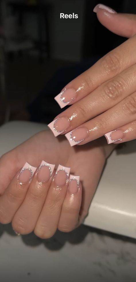 Nail Designs Short French Tips, Short French Tips With Glitter, Short Acrylic Nails Baddie French Tip, Short Ish Acrylic Nails, French Tips With One Nail Design, Square Nail Designs Sparkle, Baddie Nail Short, Nails Short For School, Coffin Shape French Tip Nails Glitter