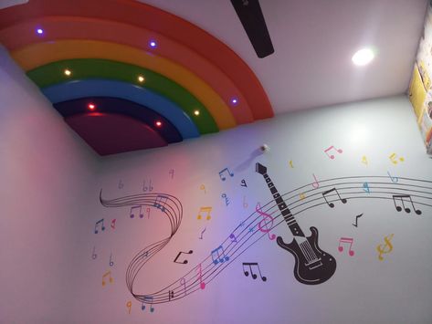 Contact no: 9177626503. Hyderabad... Kids Bedroom False Ceiling, Bedroom False Ceiling Designs, Bedroom False Ceiling, Front Building Design, False Ceiling Designs, Simple Ceiling, Simple Ceiling Design, Rainbow Music, Creative Wall Painting