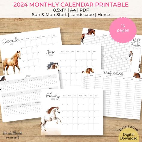 Horse Calendar Printable Landscape 2025 Monthly Planner, Yearly Wall Calendar Landscape, Habit Tracker, Weekly Schedule, To Do List Planner Yearly Wall Calendar, Habit Tracker Weekly, Horse Calendar, Calendar Landscape, Do List Planner, To Do List Planner, Landscape Calendar, List Planner, Year Calendar