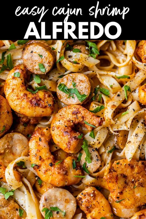 Cajun Shrimp Alfredo Recipe, Cajun Shrimp Alfredo, Shrimp Alfredo Pasta Recipes, Chicken And Shrimp Alfredo, Sausage Alfredo Pasta, Shrimp And Sausage Pasta, Shrimp Alfredo Recipe, Shrimp Fettuccine Alfredo, Cajun Shrimp Pasta