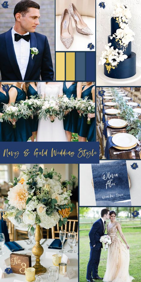 Wedding Navy And Gold, Navy Blue Wedding Colors Palette, Blue And Gold Wedding Decorations, Wedding Color Schemes Navy Blue And Gold, Navy Blue And Gold Suit, Navy Blue And Gold Wedding Theme, Navy Blue And Black Wedding, Navy And Gold Wedding, Blue And Gold Wedding