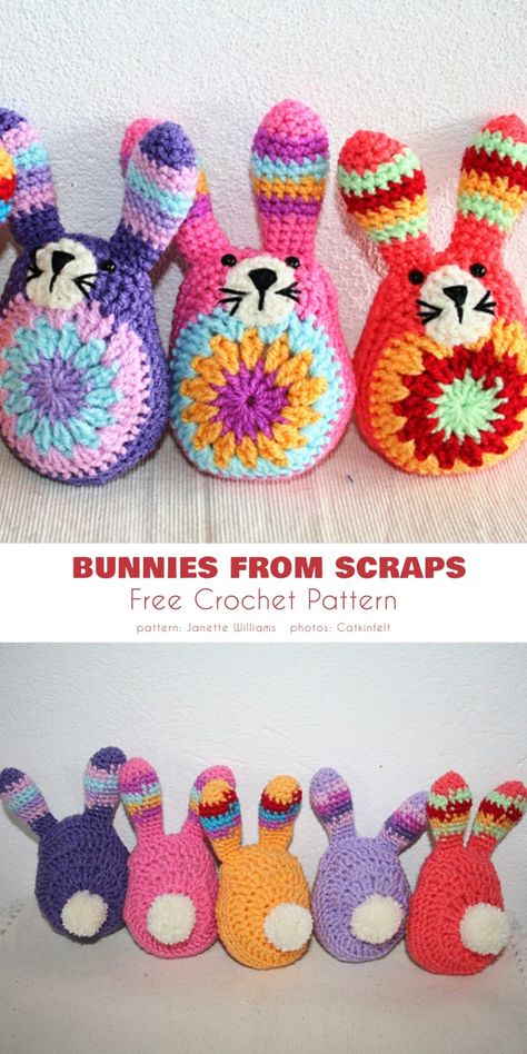 Bunnies from Scraps Free Quick Amigurumi Patterns, Crochet Easter Gifts Free Patterns, Crochet Patterns Easter Free, Easter Crochet Projects, Crochet Easter Bunny Pattern Free Easy, Granny Square Bunny, Easter Free Crochet Patterns, Crochet Easter Free Pattern, Crochet Patterns Easter