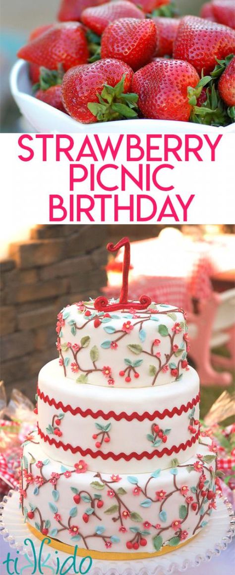 Strawberry Picnic Strawberry Picking Birthday Party, Strawberry Festival Ideas, Happy Birthday Wine, Valentines Birthday Party, Strawberry Shortcake Birthday, Happy Birthday Girls, Picnic Birthday, Strawberry Party, Birthday Party For Teens