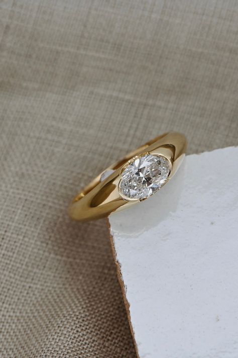 Heirloom Jewelry Ideas, Inset Wedding Rings, Unique Minimal Engagement Rings, Engagement Rings Low Setting, Unique Engagement Rings Bezel, Low Profile Bezel Engagement Ring, Original Wedding Ring, Dome Engagement Ring, Coloured Diamond Engagement Ring