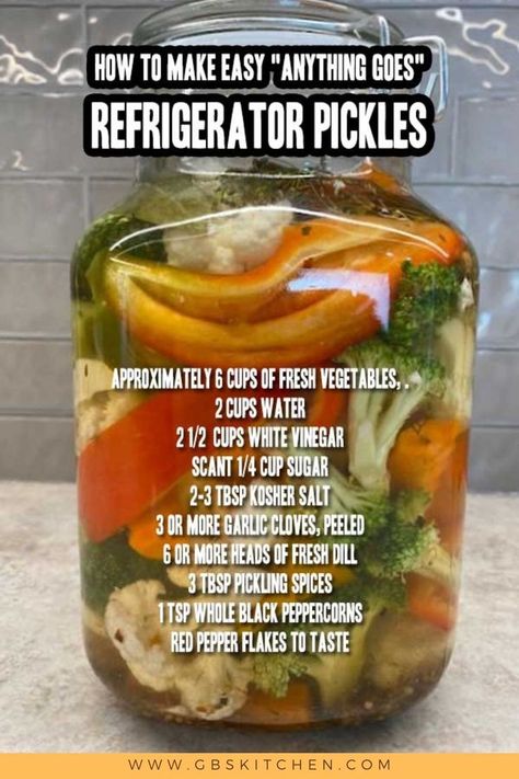 Refrigerator pickles are so easy you can make a batch while you prepare dinner or cleaning up. Any vegetable can be quick-pickled! Onions, carrots, peppers, broccoli, cauliflower, celery, garlic, asparagus. #refrigeratorpickles #pickledveggies #GBsKitchenRecipes #GBsKitchenSpot Pickled Cauliflower, Pickled Carrots, Pickling Spice, Refrigerator Pickles, Pickled Veggies, Pickled Vegetables, Cheese Salad, Fresh Corn, Pickling Recipes