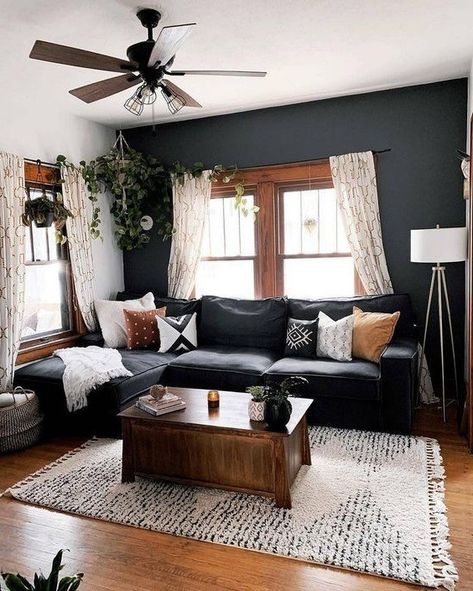 Gray Sectional Living Room, Dark Grey Couch Living Room, Grey Couch, Grey Couch Living Room, Dark Home Decor, Living Room Sectional, Living Room Makeover, Boho Living Room, Living Room Inspo