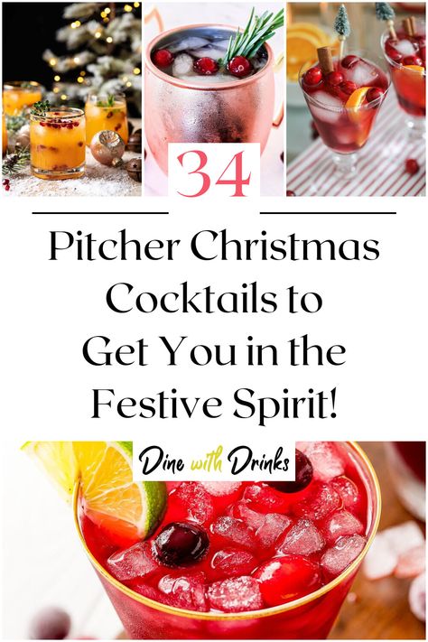 Collage of 4 pitcher christmas cocktails. Xmas Party Drinks Alcohol, Fun Festive Drinks, Christmas Brunch Cocktails Drinks, Winter Cocktail Pitcher Recipe, Holiday Cocktails By The Pitcher, Holiday Cocktail Batch, Red Christmas Cocktails Holiday Drinks, Bulk Christmas Cocktail, Holiday Drink For A Crowd