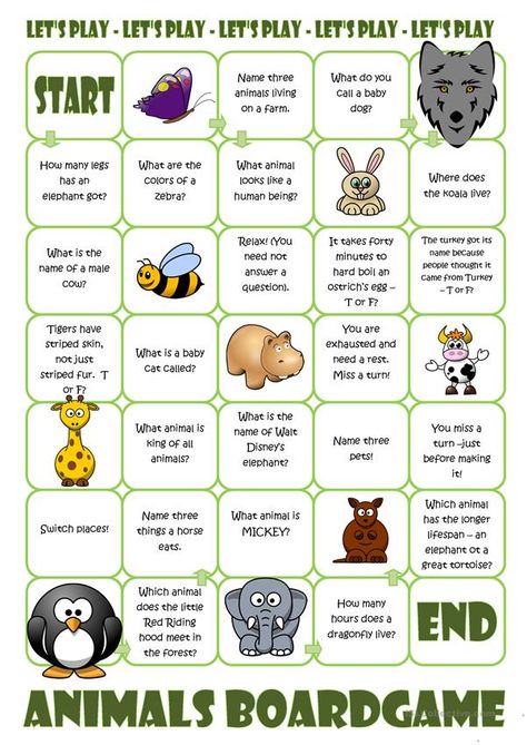 Animal Vocabulary, Game Worksheet, Speaking Activities English, Speaking Games, Animal Body Parts, Esl Games, English Games, Vocabulary Games, Kids English