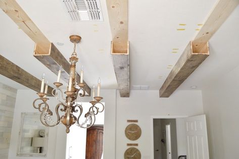 DIY Faux Wood Beams Diy Faux Wood Beams, Ceiling Beams Living Room, Faux Ceiling Beams, Beams Living Room, Faux Wood Beams, Faux Beams, Desain Quilling, Wood Beam Ceiling, Diy Ceiling