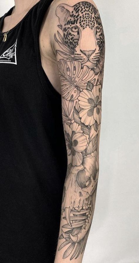 Jungle Tattoo Ideas Sleeve, Tropical Forest Tattoo, Tropical Sleeve, Tropical Sleeve Tattoo Men, Tropical Leg Sleeve Tattoo, Jungle Leg Tattoo, Jungle Flowers Tattoo, Jungle Themed Tattoo, Jungle Tattoo Ideas For Women