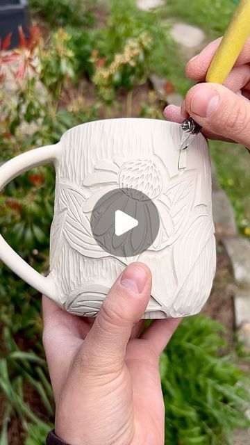 Glazing Carved Pottery, Porcelain Mugs Handmade, Carved Pottery Mugs, Carved Mugs, Clay Kitchenware, Decorating Pottery, Glazed Ceramics, Contemporary Pottery, Clay Mugs