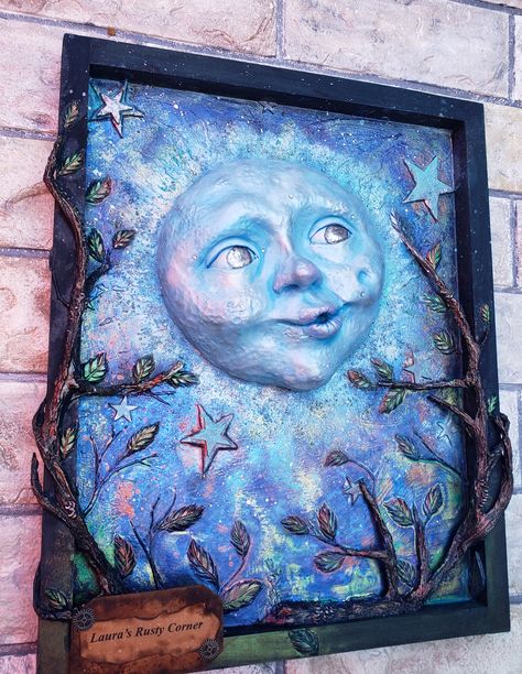 Blue Moon Clay Art Moon Clay Art, Moebius Artist, Moon Clay, Fantasy Moon, Sculpture Art Clay, Clay Wall Art, Clay Crafts Air Dry, Wooden Canvas, Clay Tiles