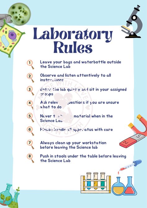 Science Poster Laboratory Safety Poster, Safety Poster, Rules Poster, Teaching Chemistry, Social Skills Activities, School Study, Skills Activities, School Study Tips, Science Lab