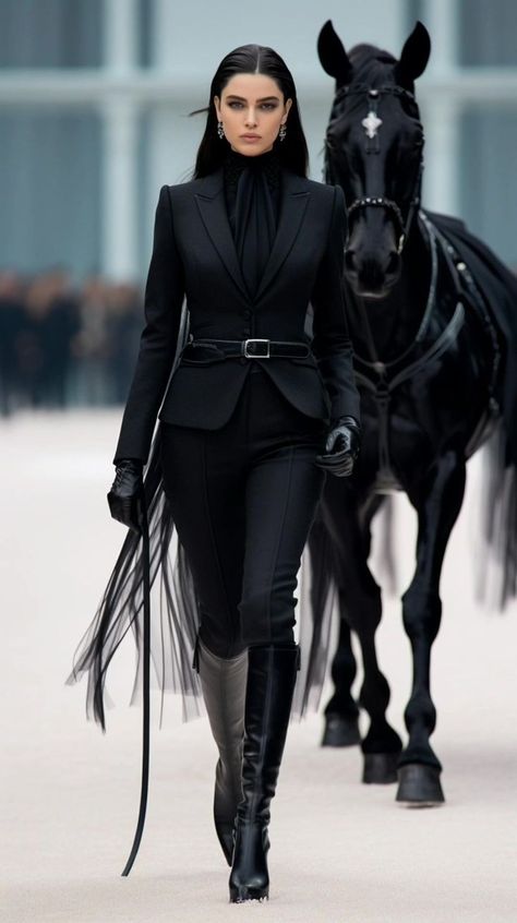 Elegant Equestrian Style, James Bond Aesthetic Female Outfit, Body Reveal Outfit, Riding Outfit Equestrian Aesthetic, Luxury Gothic Outfit, Elegant Witch Outfit, Horse Outfits Clothing, Knight Inspired Outfit, Mafia Woman Outfits