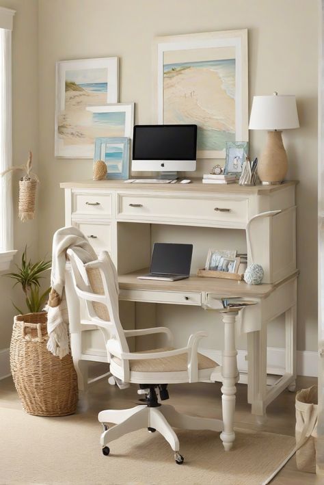 Home decor ideas, coastal office decor, beach-inspired workspace, coastal office design Workspace Home, Coastal Office, Japanese Home Design, Greige Paint Colors, Fall Table Centerpieces, Color Home, Office Nook, Point Perspective, Trendy Bedroom