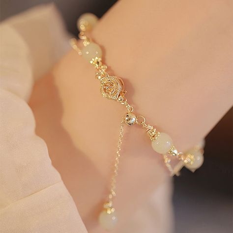 Mist Rose Hetian Jade Bracelet Light Gold Jewelry, Rose Gold Jewelry Aesthetic, Fairy Core Jewelry, Light Bracelet, Rose Gold Jewellery, Latest Bracelets, Pretty Jewelry Necklaces, Whimsical Jewelry, Rose Quartz Jewelry