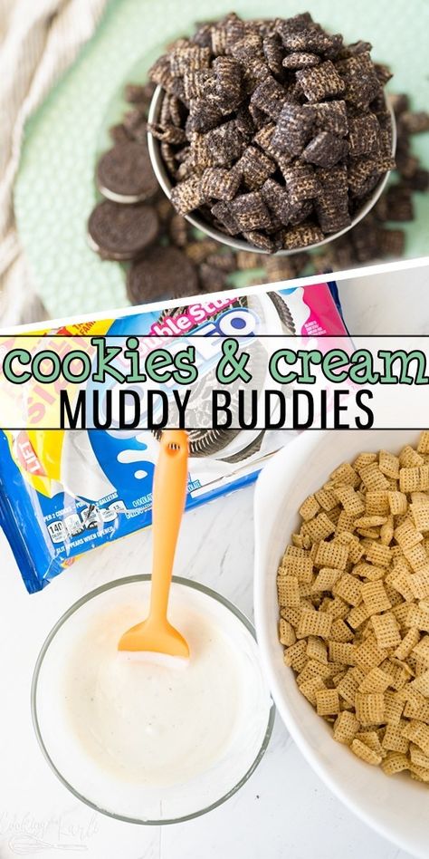 Cookies and Cream Muddy Buddies are a quick and easy dessert for all of the Oreo Lovers out there! This fun twist on the classic chocolate Muddy Buddies will become a new favorite! |Cooking with Karli| #cookiesandcream #muddybuddies #puppychow #nobake #dessert #dessertideas #easydessert #chex Chocolate Muddy Buddies, Nobake Dessert, Amazing Cookie Recipes, Cooking With Karli, Puppy Chow Recipes, Homemade Recipes Dessert, Muddy Buddies, Cookie Recipes Homemade, Fun Baking