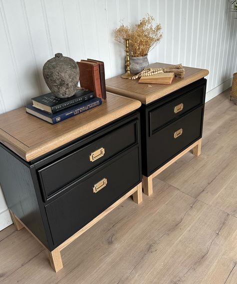 When mismatched pieces make a set! We sourced a tallboy and a separate set of nightstands to go with the Drexel piece for our sweet client. They all are campaign style and we refinished them to match and made it into a cohesive set. Love how they all came together and made a complete set! Paint- black from @ppgpaints breakthrough. Wood- custom tan wash method. Top coat- Varathane DWF @varathane SOLD! If you’re looking for a piece of furniture, we can find a piece that will work for you... Tan Wash, Paint Black, Set Love, Work For You, Furniture Makeover, Top Coat, Antique Furniture, Made It, Paint