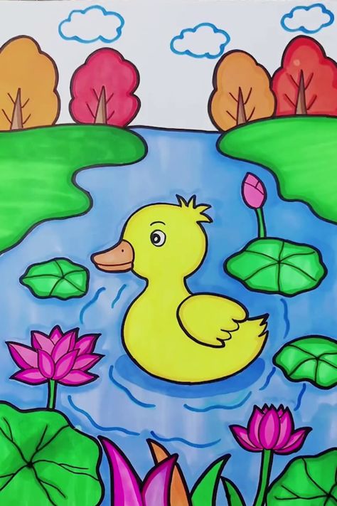 Cute Duck Drawing, Bird Drawing For Kids, Easy Painting For Kids, Basic Drawing For Kids, Easy Pencil Drawing, Scenery Drawing For Kids, Easy Scenery Drawing, Hand Art Kids, Different Kinds Of Flowers