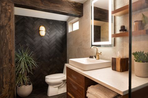 Ross - Master Bath - Contemporary - Bathroom - Kansas City - by Buck Wimberly, ULAH Interiors + Design | Houzz Black Herringbone Tile Bathroom, Small Master Bath Ideas, Beige Tile Bathroom, Herringbone Tile Bathroom, Master Bath Ideas, Bathroom Interior Design Luxury, Black Tile Bathrooms, Small Master Bath, Small Full Bathroom