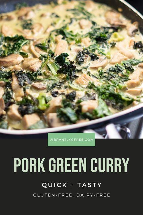 Craving an easy gluten free curry? This Pork Green Curry is a gluten and dairy free recipe that's perfect for beginners or easy weeknight dinners! It takes only 20 minutes to put together and a few quick ingredients. Don't pass on this easy gluten free recipe -- this mild but flavorful Thai Green Curry is too good to miss! Click the link in profile to read and SAVE this pin for later! #thai #glutenfreedairyfree #easyglutenfreemeals #thaicurrysoup #greencurry Gluten Free Curry, Green Curry Sauce, Green Curry Recipes, Dairy Free Recipes Dinner, Dairy Free Dinner, Easy Pork, Green Curry, Gluten Free Recipes Easy, Curry Sauce