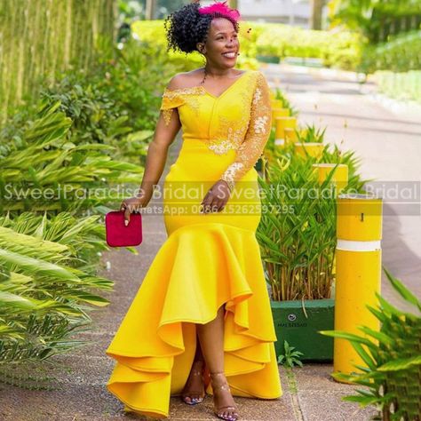 High Low Mermaid Dress, Ruffle High Low Dress, Yellow Designer Dress, High Low Wedding Dress, Yellow Long Dress, Yellow Evening Dresses, African Bridesmaid Dresses, Gorgeous Bridesmaid Dresses, African Dresses For Kids